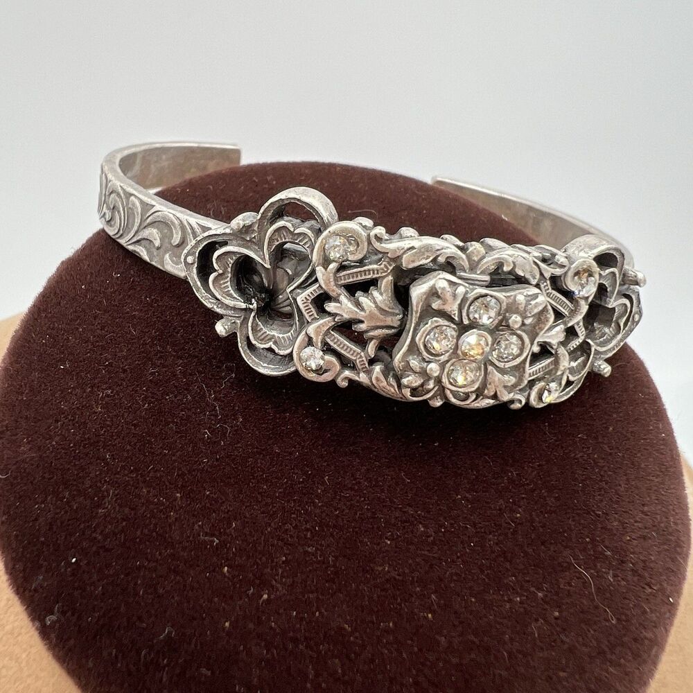 Sweet Romance Bracelet Cuff Silver Tone Victorian Style Crystal Floral Shamrock